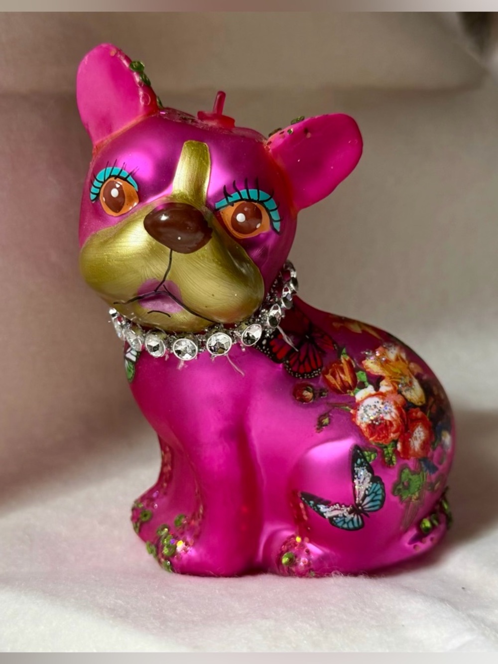 Hot Pink Decorative Sitting Dog Figurine with Rhinestone Collar